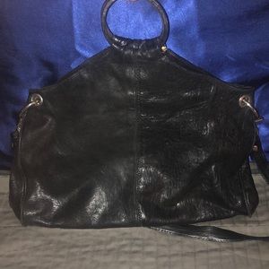 Large Black Handbag, edgy silver hoop handles